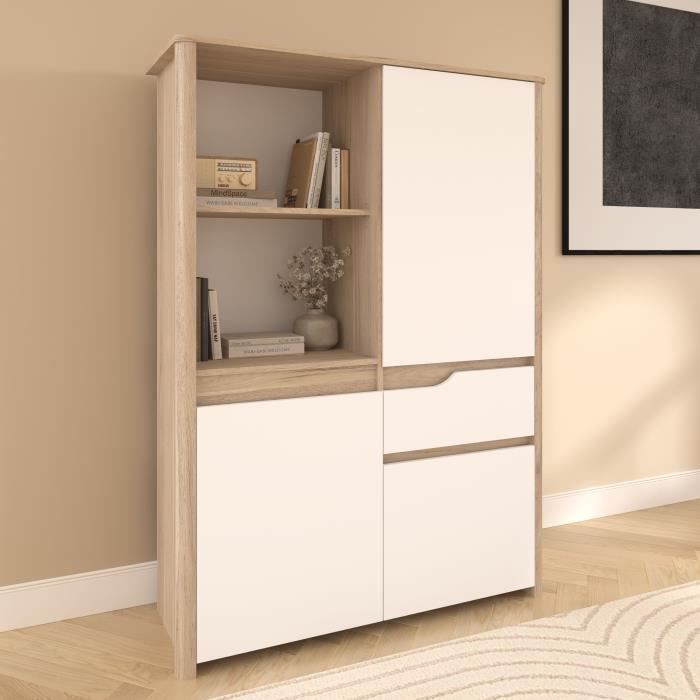 Bahut Haut BETTY - Blanc & Chêne - 3 portes 1 tiroir - 108.9 x 39.6 x 151.5 cm