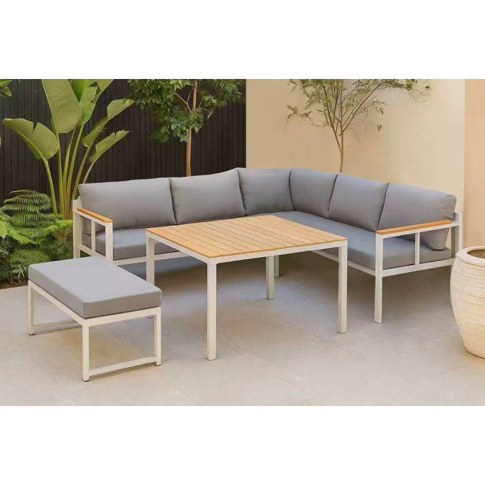 Salon de jardin d’angle 6 personnes - Aluminium - BAIA - canapé dangle + 1 banc + table haute - Gris