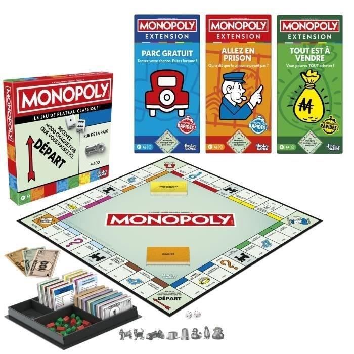 Monopoly Classique + 3 Extensions Parc Gratuit + Allez en prisons + Tout est à vendre