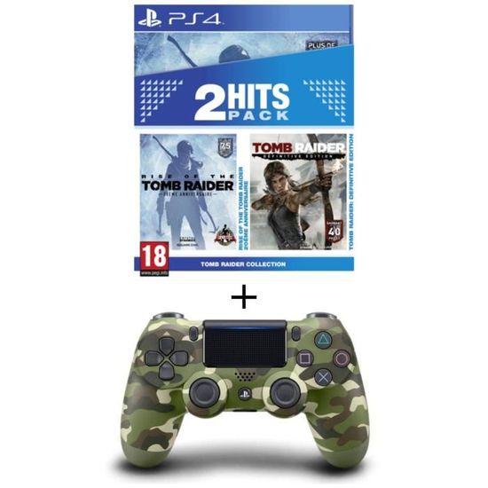 Pack Tomb Raider Edition Definitive + Rise of the Tomb Raider Jeux PS4 + Manette PS4 DualShock 4 Green Camo V2