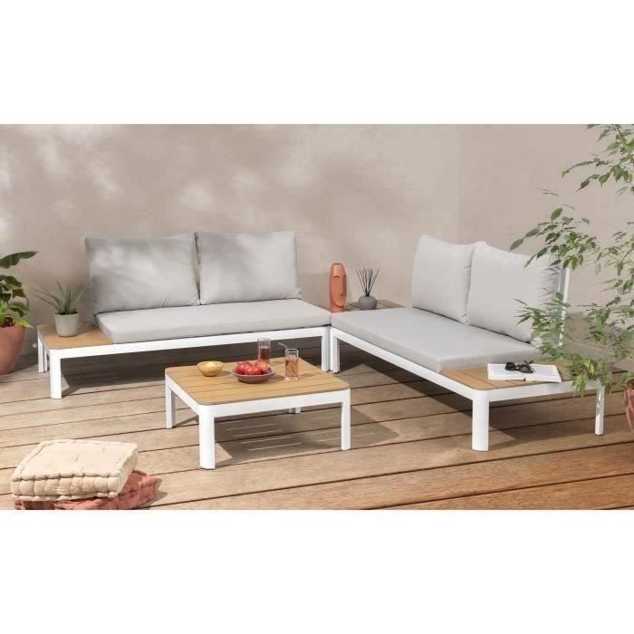 Salon de jardin modulable, en aluminium couleur blanc et polywood - 4 personnes avec coussins gris -