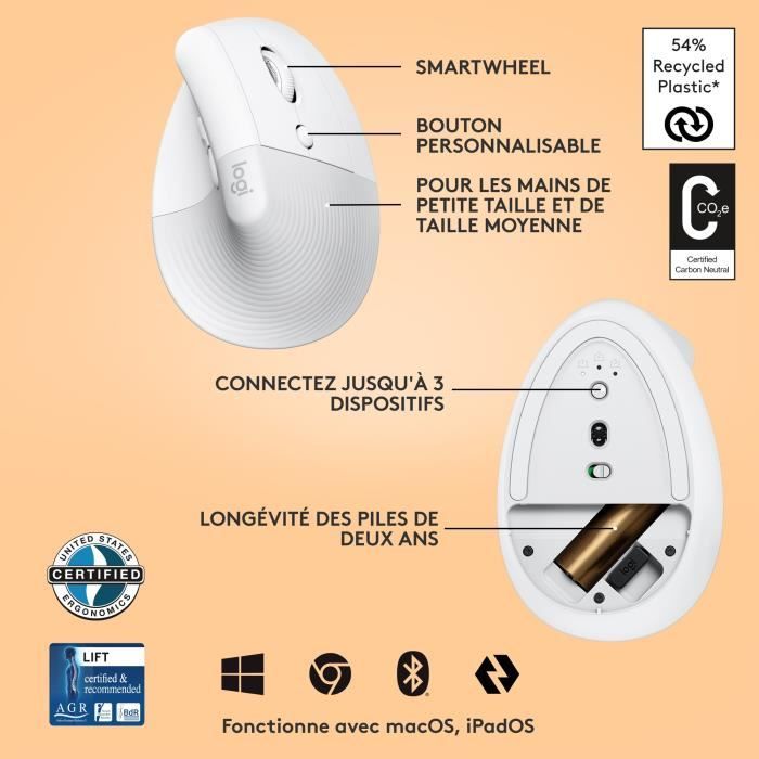 Souris Sans Fil Logitech Lift Ergonomique Verticale, Bluetooth ou récepteur  USB Logi Bolt, Silencieuse - Blanc cassé - Cdiscount Informatique