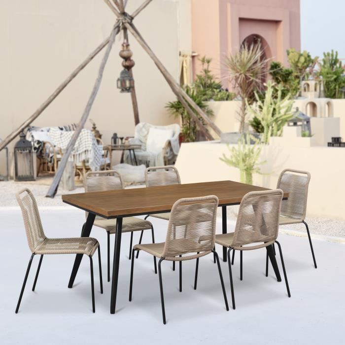 Ensemble repas de jardin 6 personnes Acier + Bois 160x80cm et 6 chaises corde beige