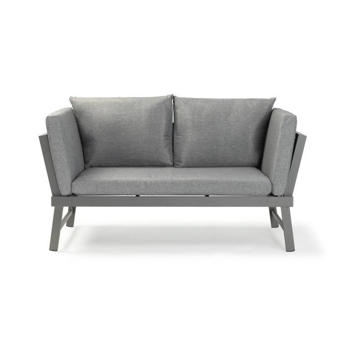 banquette de jardin multifonction en aluminium avec coussins - 2 personnes - gris foncé