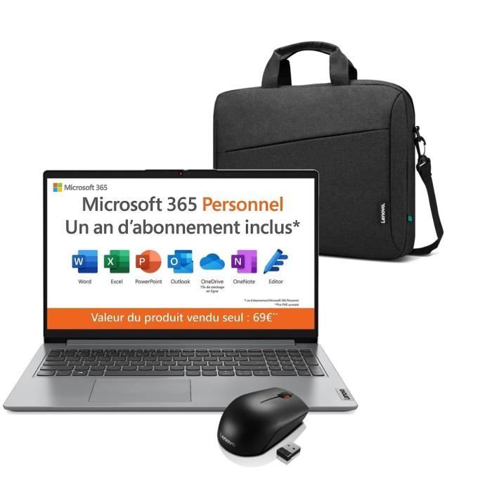 PC Portable LENOVO IdeaPad 1 15IGL7   Windows 11 + 1 an Office - 156 FHD - Celeron N4500 - RAM 4 Go - 128Go + Souris + Sacoche
