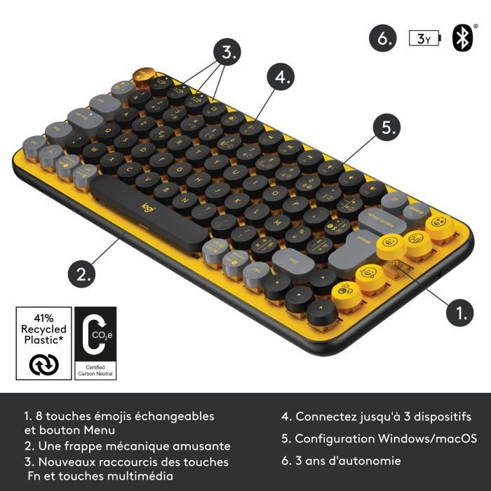 Clavier Sans Fil Logitech - POP Keys Mécanique avec Touches Emoji  Personnalisables, Bluetooth ou USB, Design Compact Durable - Jaune -  Cdiscount Informatique