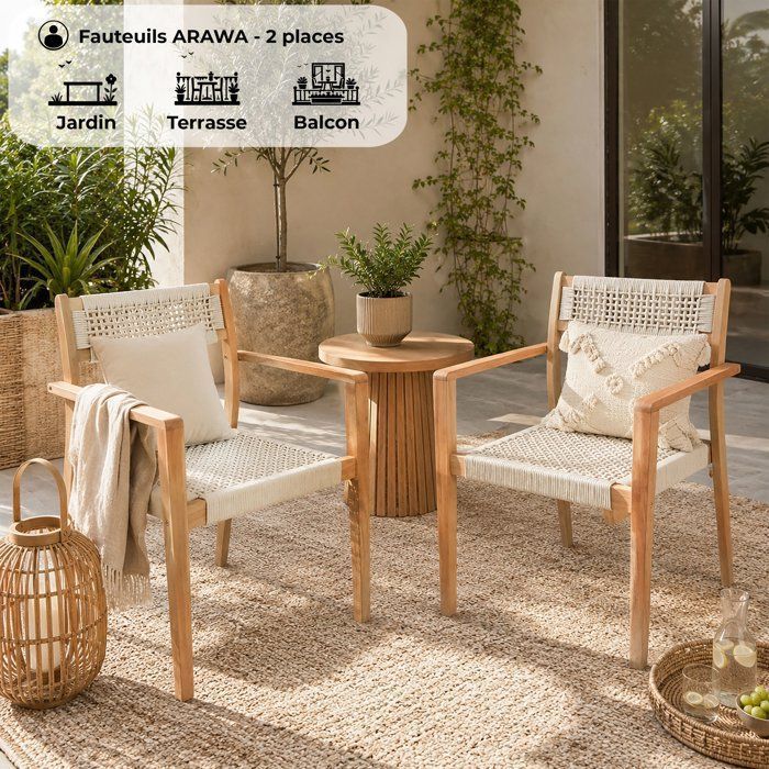 Lot de 2 fauteuils de jardin - ARAWA - Bois dAcacia FSC - Empilable - Cordage tressé - 57 x 59 x 85 cm