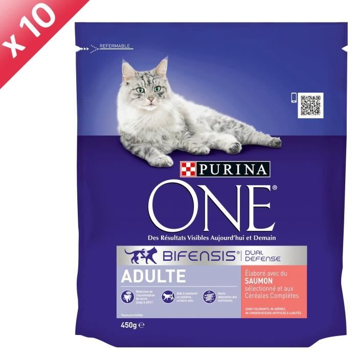 Comparer les prix de PURINA ONE au Saumon et Céréales Complètes - 450 g (x10) - Pour chat adulte