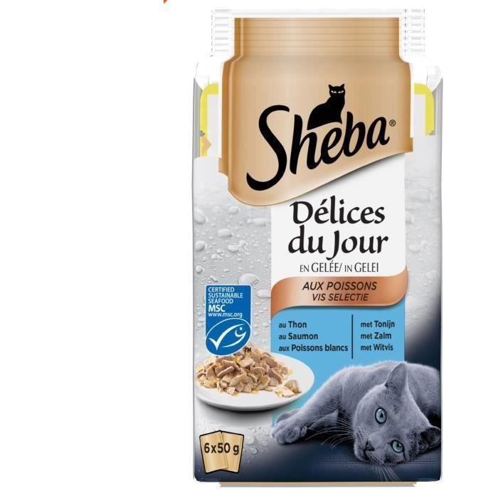 Comparer les prix de SHEBA Délices du Jour - Sachets fraîcheur en gelée aux poissons - 3 variétés - Pour chat adulte - 72 x 50 g