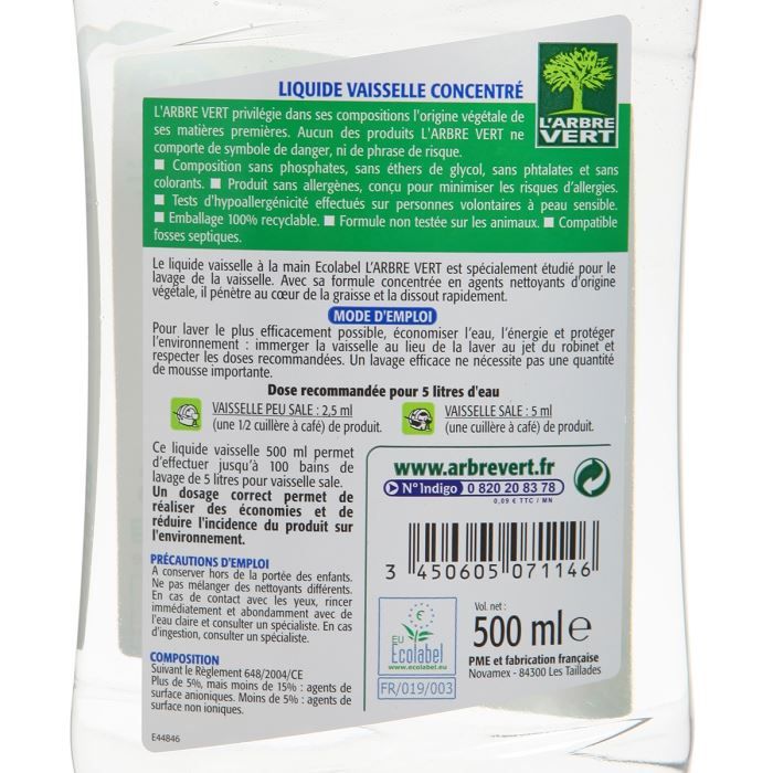 Liquide vaisselle citron Ecolabel L'Arbre Vert 750ml sur
