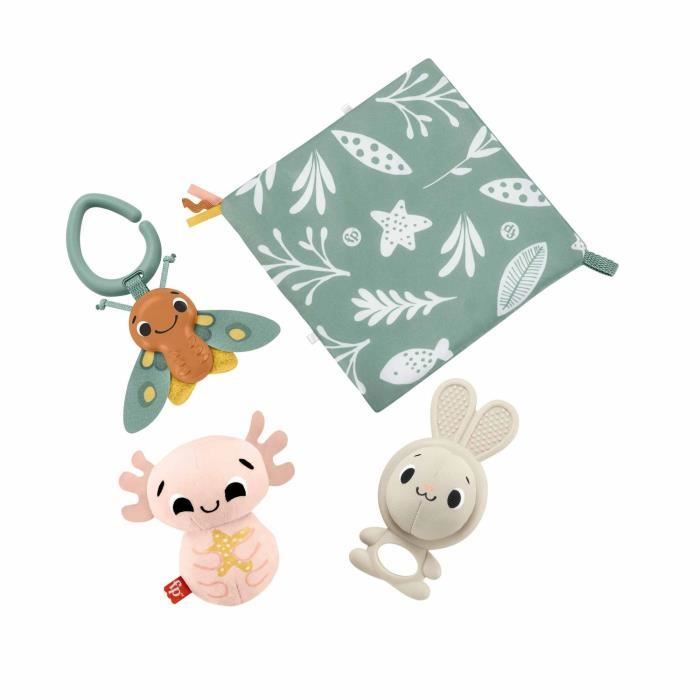 Fisher Price Coffret Sensoriel Les Sens En Éveil Avec 4 Jouets Sensoriels Pour Stimulation Motricité Fine Et Sens Anneau Dentition Peluche Axolotl Hochet Papillon Jouet Bébé HRB17 - vue 2