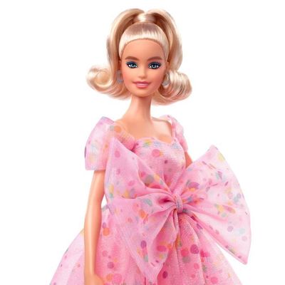 Poupée Barbie Joyeux anniversaire, blonde, vêtue d'une robe de
