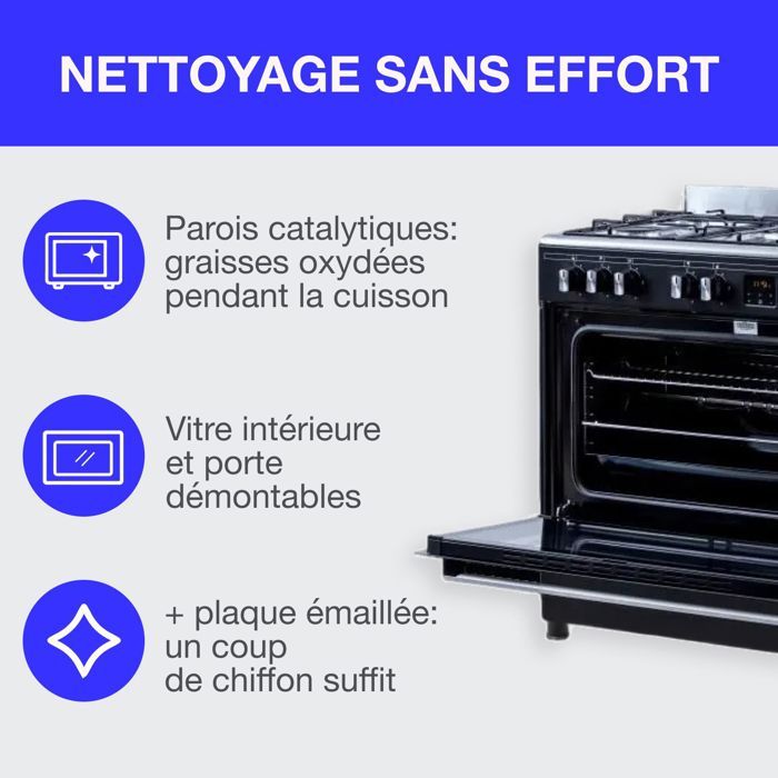 Cuisinière Piano Gaz Continental Edison CECP9060BDD - 5 Feux Gaz + Four Catalyse 95L - Noir - Dimensions 90x85 Cm