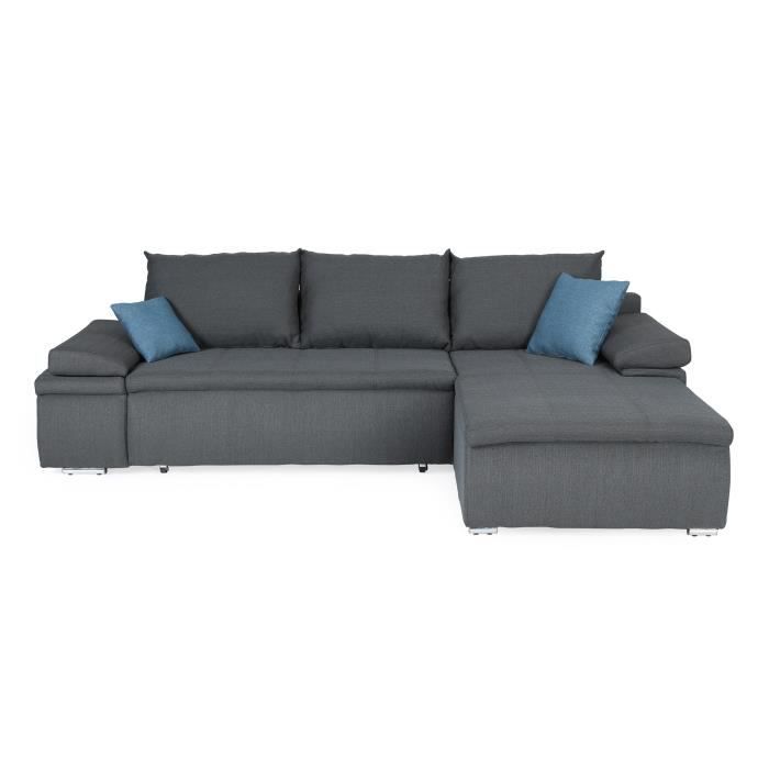 CELINA Canapé d'angle réversible convertible 3 places + Coffre de rangement - Tissu gris - L 274 x P