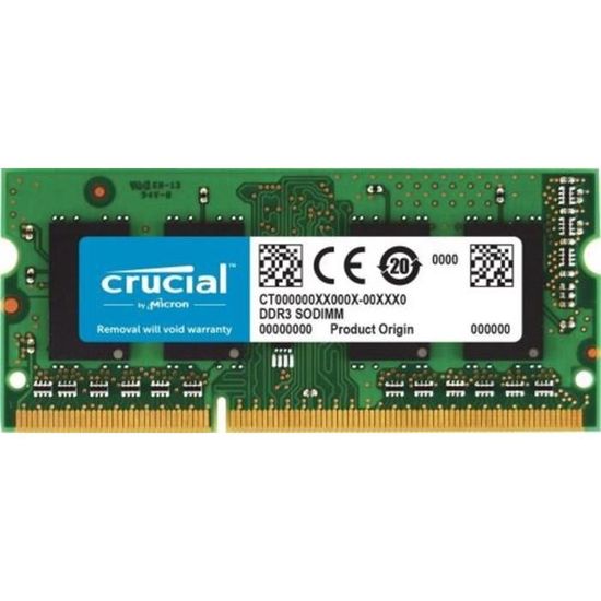 Mémoire CRUCIAL 4GB DDR3L 1600 MT/s (PC3-12800) CL11 SODIMM 204pin 1.35V/1.5V pour Mac Single Ranked
