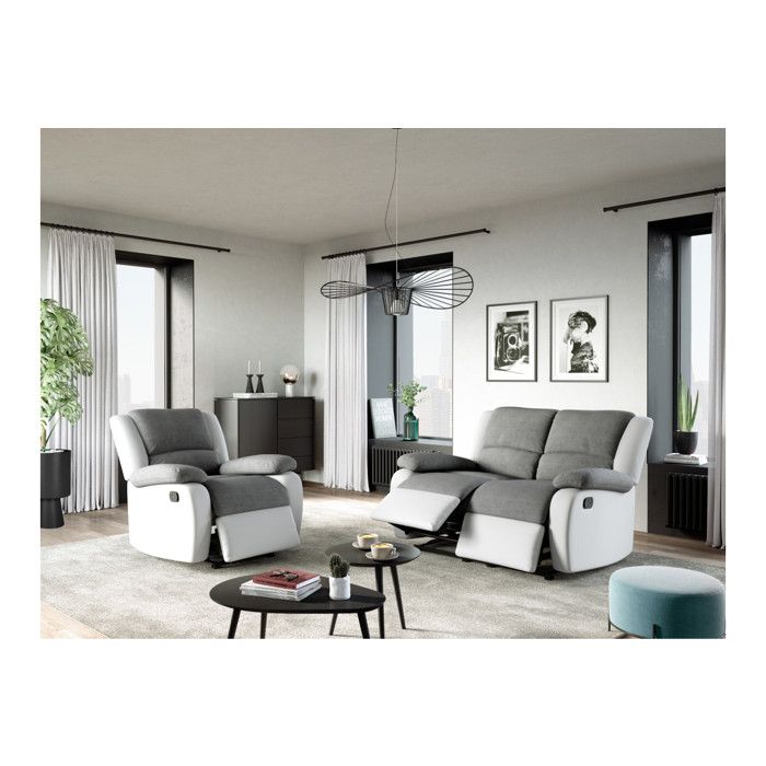 Fauteuil relax manuel HELENE tissu+ pu coloris gris et blanc