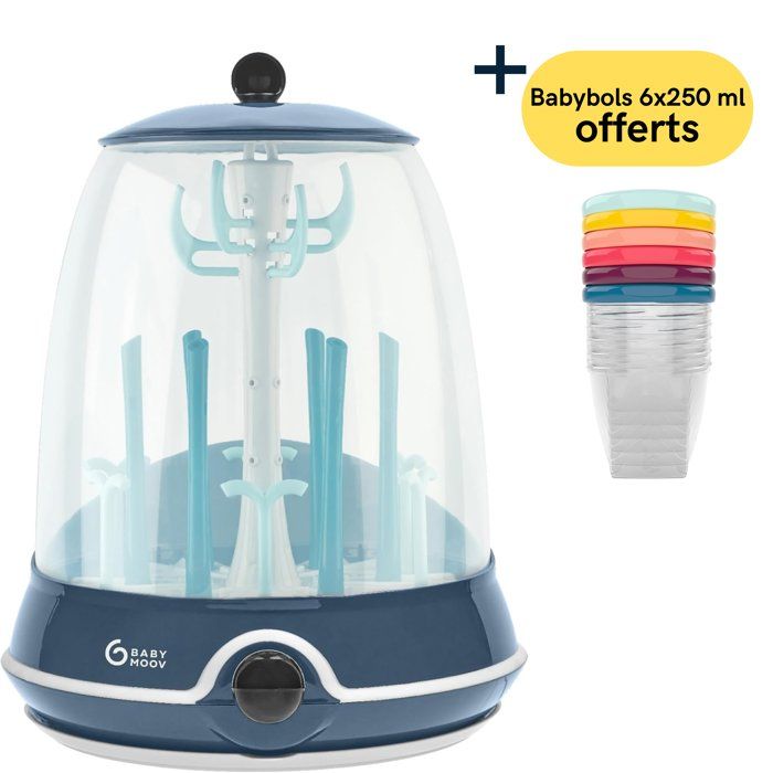 BABYMOOV Turbo Steam(+) - 2 en 1 Stérilisateur biberons vapeur et Egoutte-biberons + Babybols lot de 6 pots de conservation Offert