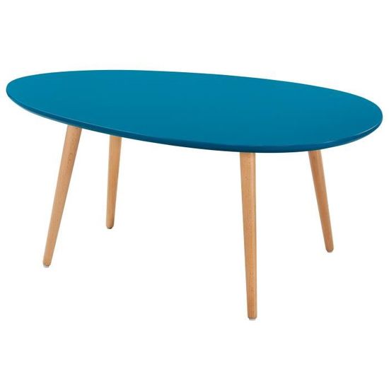 STONE Table basse ovale scandinave bleu paon laqué - L 98 x l 61 cm
