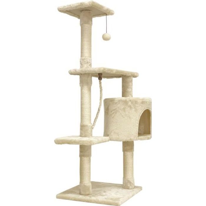 PALOMA Arbre à chat beige 40 x 40 x 114cm - 3 plateformes, 1 corde, 1 niche , poteaux à griffer