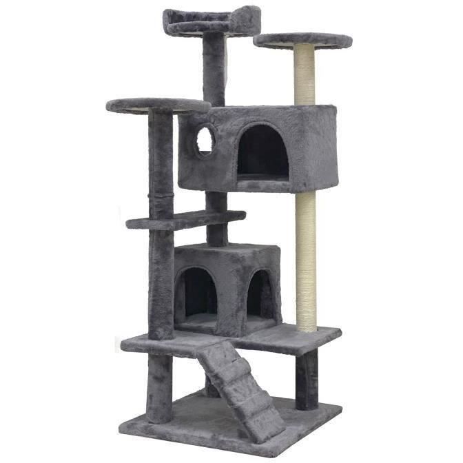 SUZI - Arbre à chat gris 50 x 50 x 125 cm 5 plateformes – 2 niches – 1 escalier et poteaux à griffer