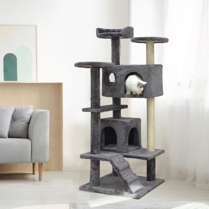 SUZI Arbre à chat gris 50 x 50 x 125 cm 5 plateformes 2 niches 1 escalier et poteaux à
