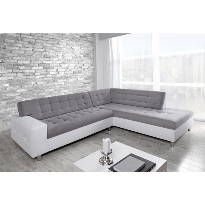 Java Canape D Angle Droit 6 Places Tissu Gris Et Simili Blanc