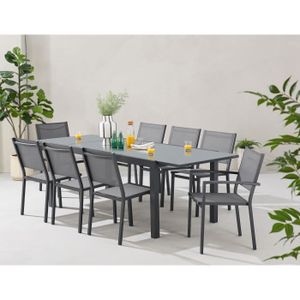 Ensemble table et chaise de jardin Ensemble repas de jardin 6 à 8 personnes : Table extensible 180-240 cm + 2 fauteuils + 6 chaises - Gris