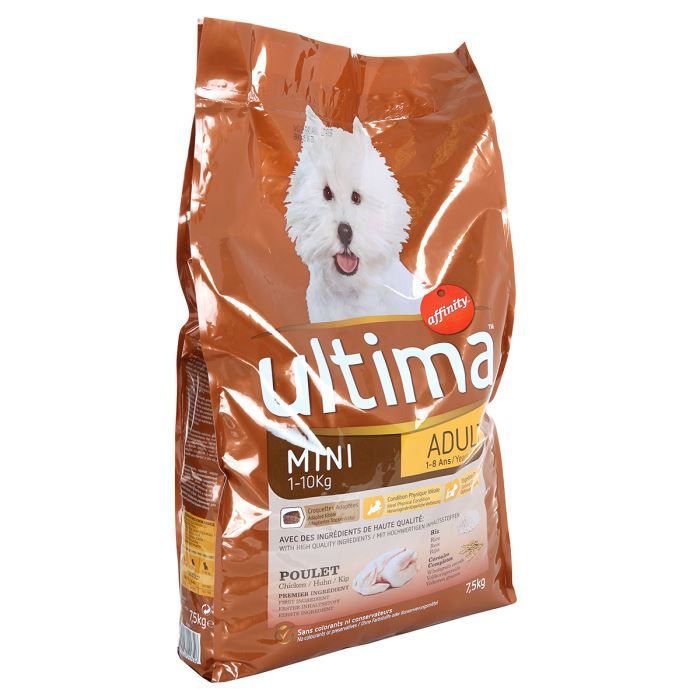 Ultima Croquettes Mini Adult Au Poulet Au Riz Et Céréales Petite Race Pour Chien Adulte 1 à 10kg 75kg X1