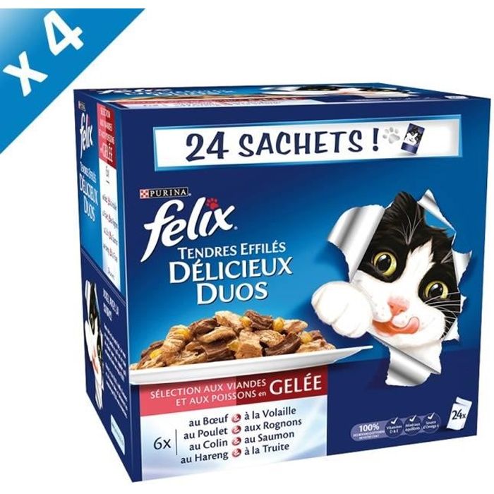 Meilleurs prix pour FELIX Tendres Effilés en Gelée Délicieux Duos - 24 x 100 g (x4) - Pour chat adulte