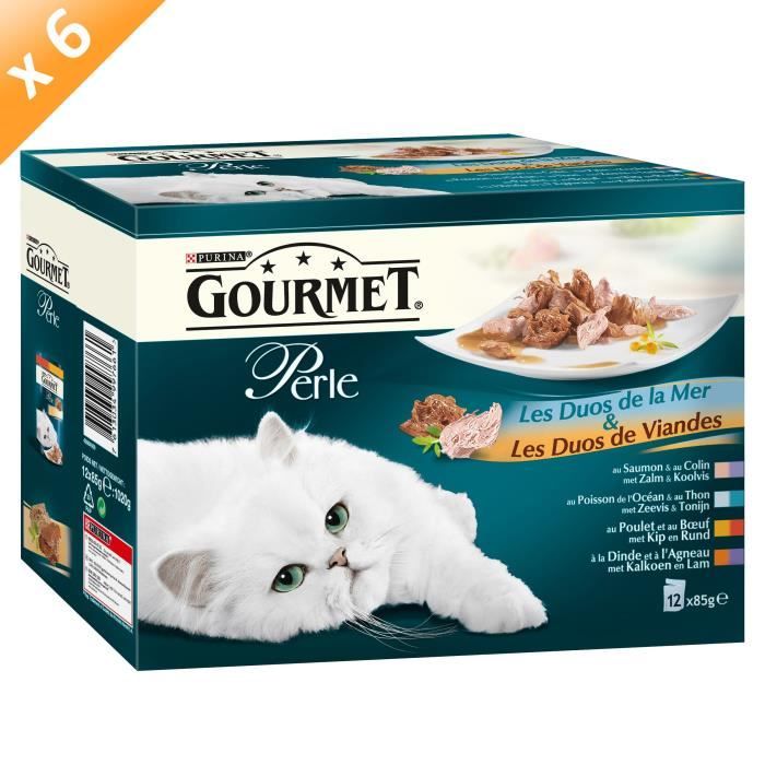 GOURMET PERLE Les Duos de la Mer et les Duos de Viandes Multivariétés - 12 x 85 g (x6) - Pour chat adulte