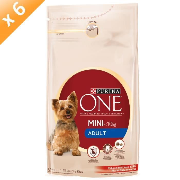 Comparer les prix de PURINA ONE My Dog Is Adult, riche en Bœuf, avec du riz - 1,5 KG (x6) - Pour petit chien