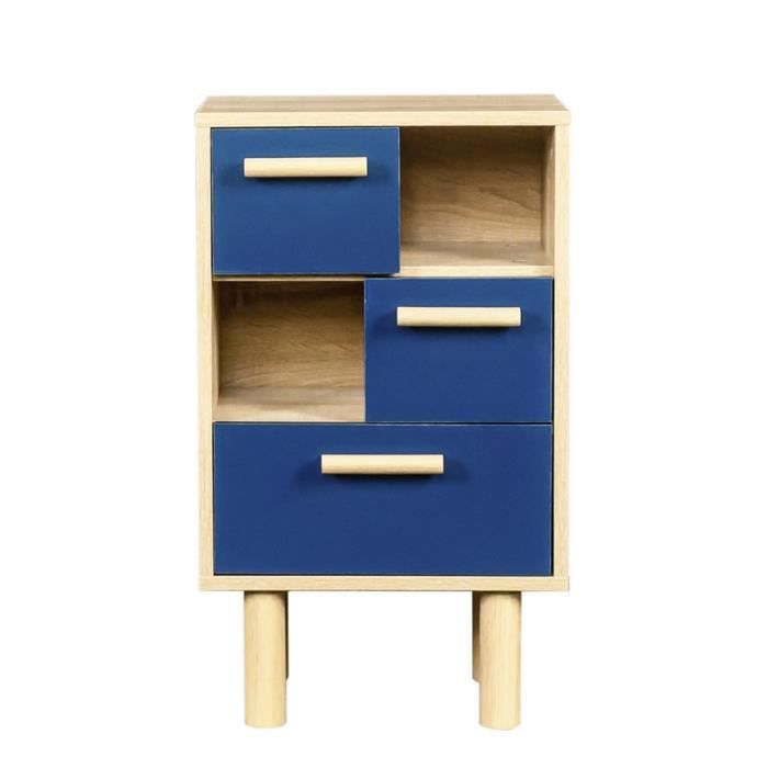 Table de chevet LILA avec 3 tiroirs et 2 niches - Chêne/bleu - Style contemporain - MDF - L40 x P24 