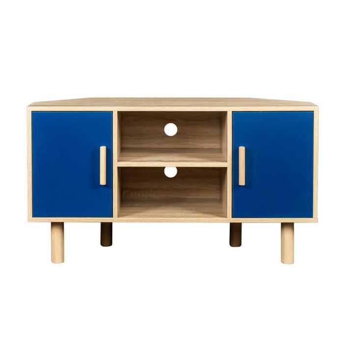 meuble tv d'angle lila - 2 portes - décor mélaminé bleu - pieds en bois massif - l90 x p35 x h55 cm