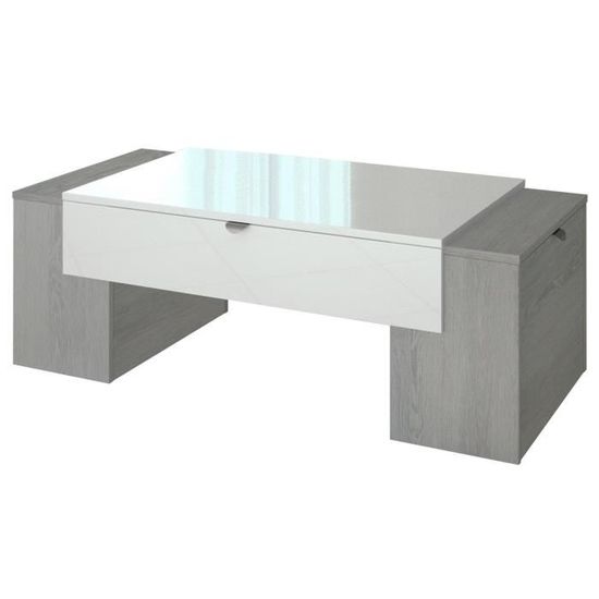 LUCKY Table basse style contemporain décor chêne cendré et blanc brillant - L 123 x l 42 cm