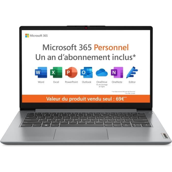 PC Portable LENOVO IdeaPad 1 14IGL7 14 HD Celeron N4020 RAM 4 Go 128 Go SSD Windows 11S AZERTY 1 an Office

