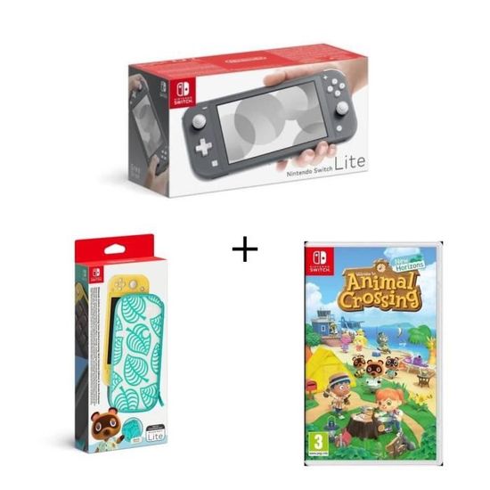 Pack Nintendo Switch Lite Grise + Jeu Animal Crossing New Horizons + Housse de protection Lite Animal Crossing
