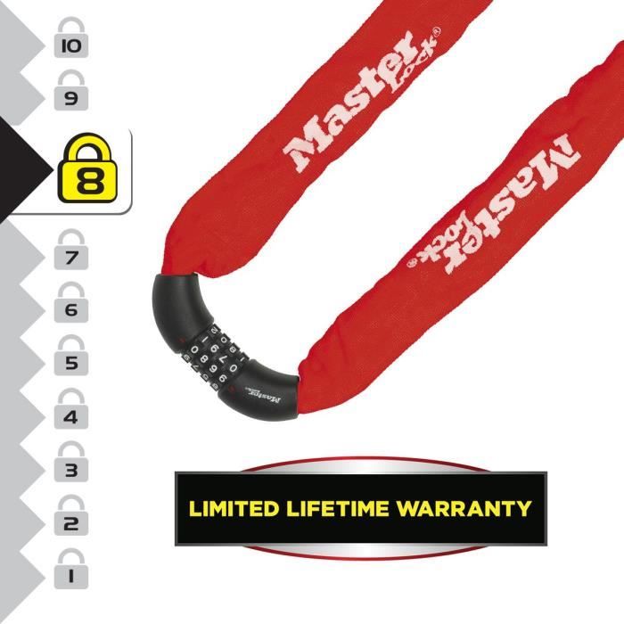 Antivol Vélo Master Lock 8392 - Chaîne 90cm Acier Cémenté - Combinaison 4 Chiffres - Rouge