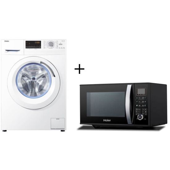 PACK HAIER HW09-14CMF Lave linge frontal - 9kg - 1400 tours / min - A+++ - Blanc + HGN-2390HEMGB - Micro-ondes Grill - 23L - 900 W