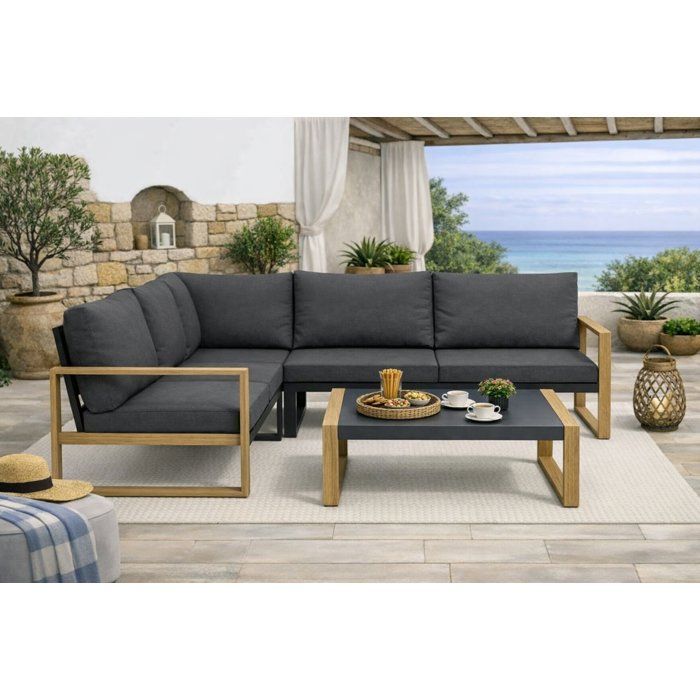 Salon de jardin d’angle - Aluminium effet bois - PUERTOCOR - 5 personnes + table basse