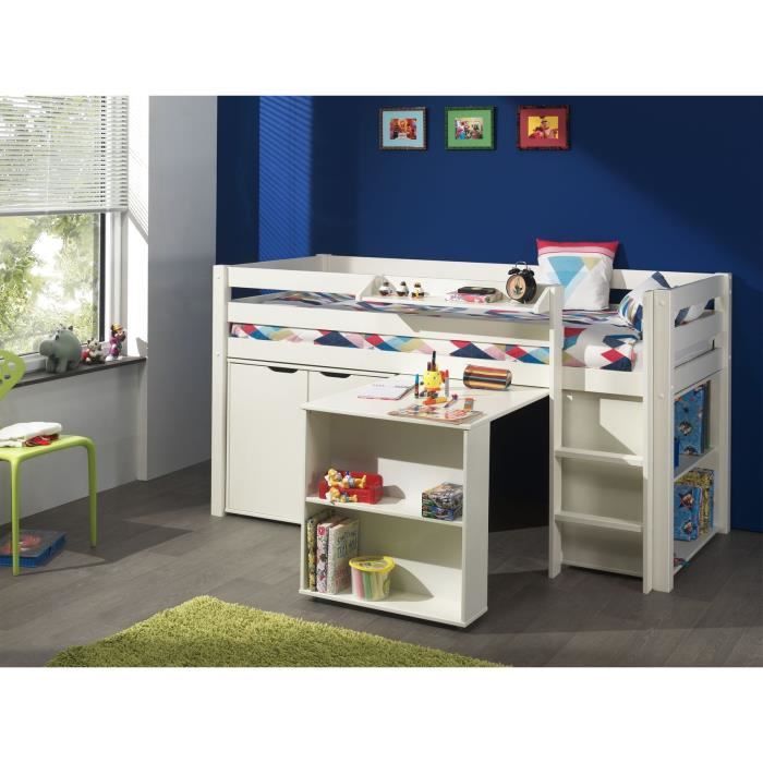 Lit sur&eacute;lev&eacute; + biblioth&egrave;que + commode 2 portes + bureau blanc - pino