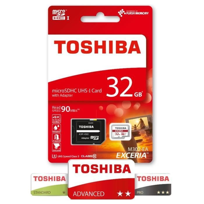 Toshiba EXCERIA M302 EA Carte mémoire flash adaptateur microSDHC SD inclus e UHS Class 3 / Class10 microSDHC UHS I