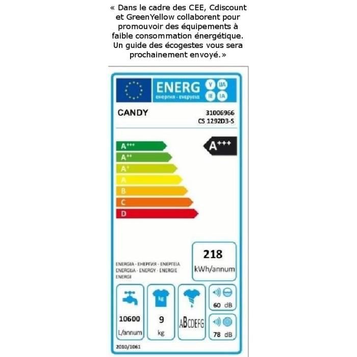  CS 1292D3-S - Lave-linge frontal - 9kg - Essorage3