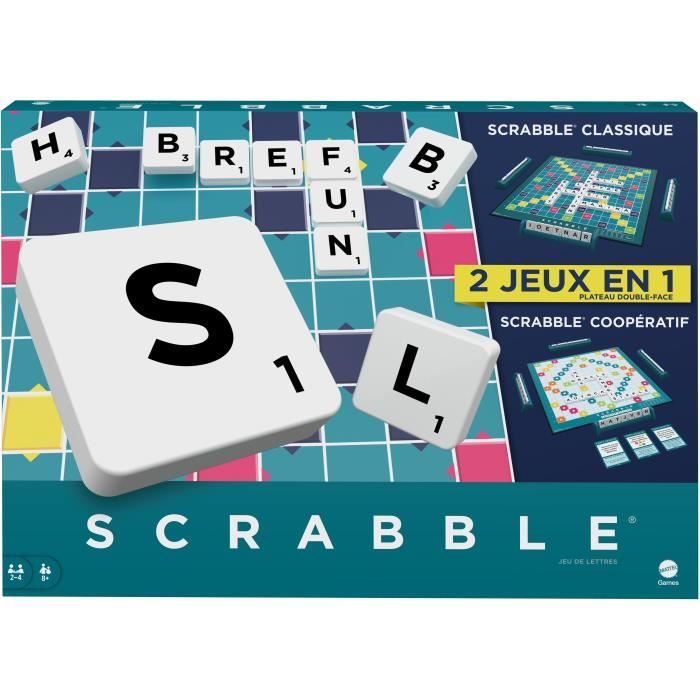mattel games - scrabble classique 2 en 1 avec plateau réversible - jeu de société - 8 ans et +