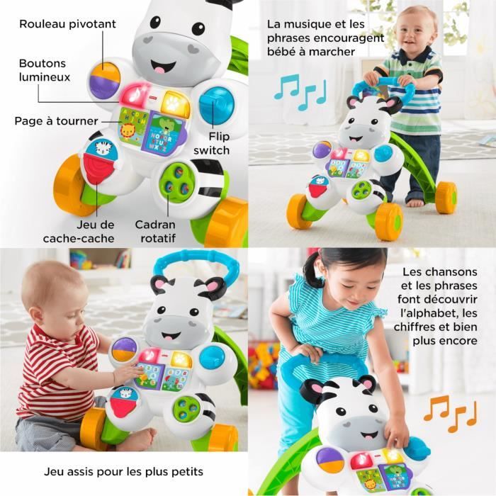 Fisher-Price Mon Trotteur Zèbre Parlant Français, Jouet Evolutif et  Interactif Coloré, Lumineux et Musical Pour Apprendre à Marcher à Bébé, Trotteur  Bébé Garçon ou Fille à Partir de 6 Mois, GXC30 en