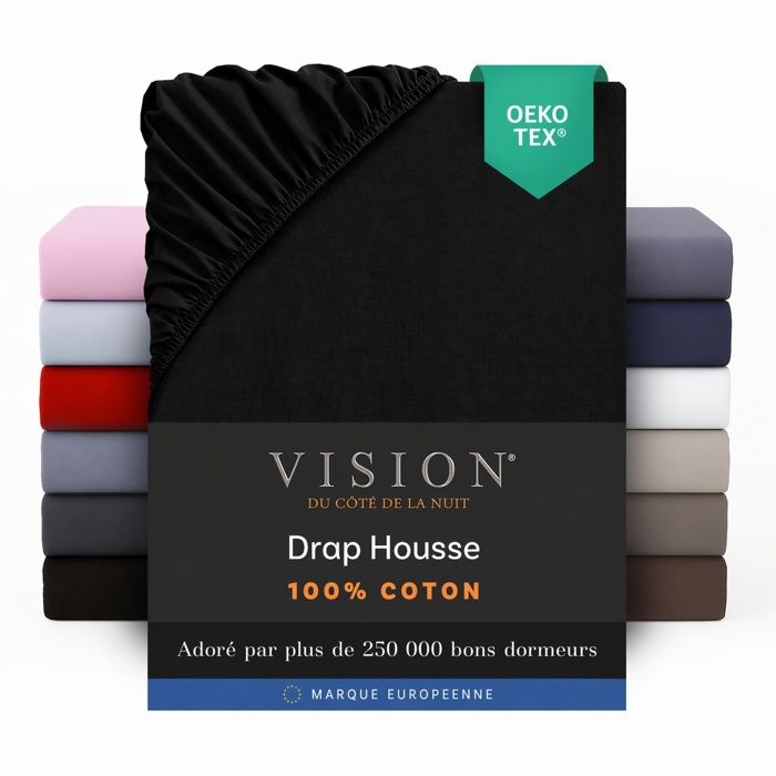 Vision - Drap housse Noir - 160x200cm - 100% coton