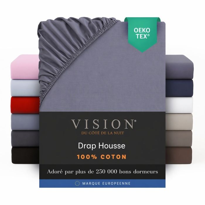 Vision - Drap housse Gris - 180x200cm - 100% coton