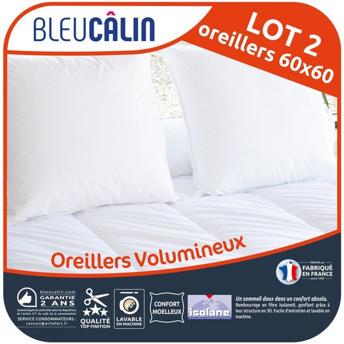 BLEU CALIN Lot de 2 oreillers Volumineux 60x60 cm blanc