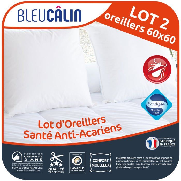 BLEU CALIN Lot de 2 oreillers Sant&eacute; Anti-acariens Moelleux 60x60 cm blanc -  