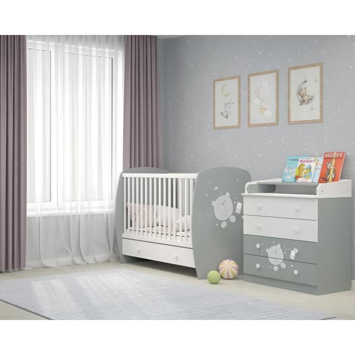 POLINI KIDS Chambre Duo Ourson Teddy commode + lit 120*60 cm Blanc/Gris