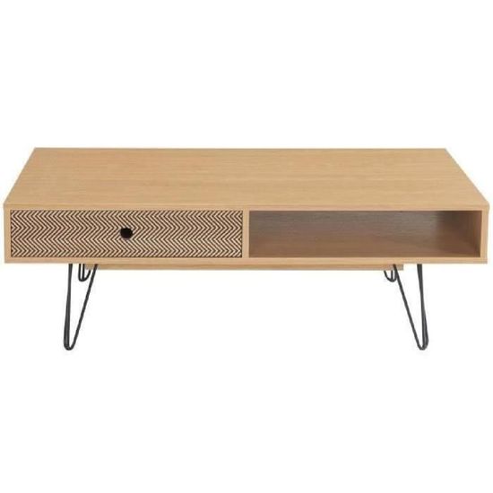 COLETTE Table basse scandinave - Décor chêne et impression vintage - 110x55 cm